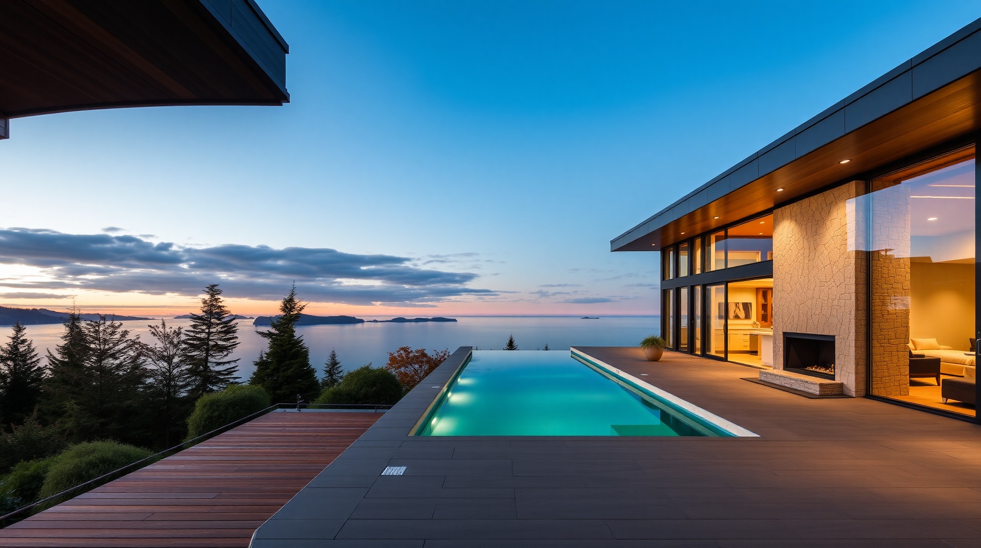 A custom home overlooking the water in West Vancouver at dusk